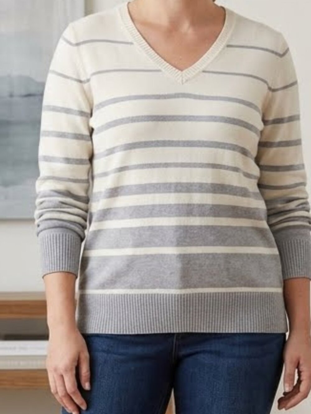 St John's Bay Women's Striped Thin Cotton Sweater V-Neck Ivory & Gray